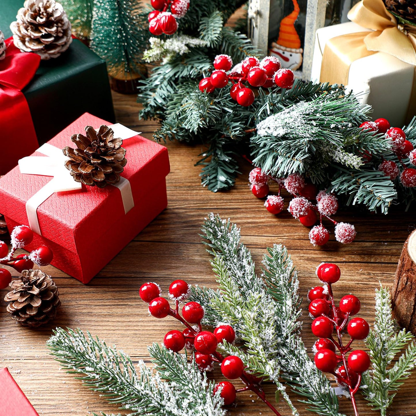 Lyrow 80 Pieces Christmas Snowy Pine Tree Picks Artificial Berry Stems Sprays Faux Cedar Pine Needles Branches for Holiday Arrangement Wreath DIY Garland Holiday Decor Winter Greenery (Red)