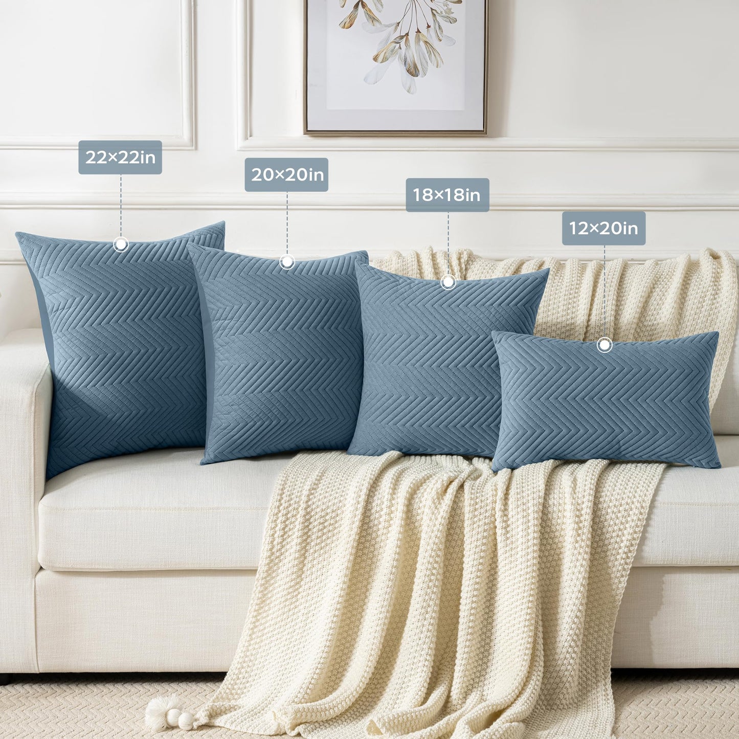 JELLYMONI Throw Pillow Covers 12”x20” Set of 2 Decorative Pillow Cases Blue Lumbar with Zipper Cushion Cover Polyester Quilted Solid Soft Home Decor for Bed Sofa Couch Living Room (NO Insert)