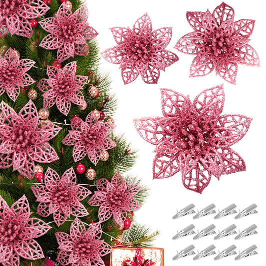 28pcs Christmas Tree Decorations Poinsettias Artificial Flowers Glitter Poinsettia Artificial Flowers with 28pcs Clips Christmas Decor Glitter Ornament for Xmas Party Ornaments and Decor(3 Size,Pink)