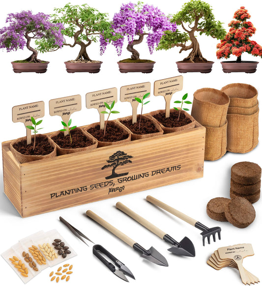 AVERGO Bonsai Tree Kit for Beginners – 5X Unique Japanese Bonzai Trees | Complete Indoor Starter Kit for Growing Plants with Bonsai Seeds, Tools & Planters – Gardening Gifts for Women & Men