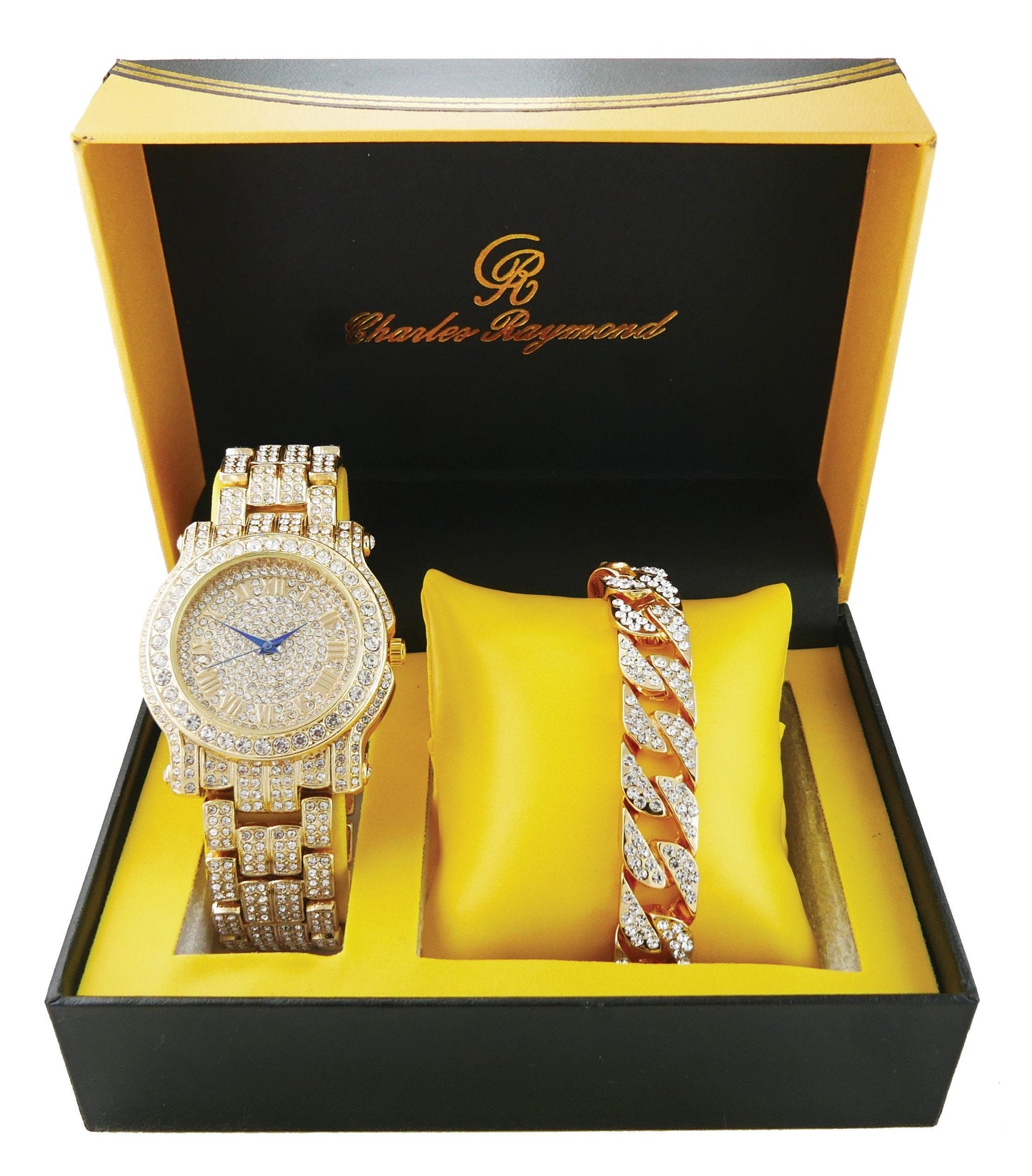 Charles Raymond Bling-ed Out Silver Round Luxury Mens Watch w/Bling-ed Out Cuban Bracelet - L0504B - Cuban (Gold)