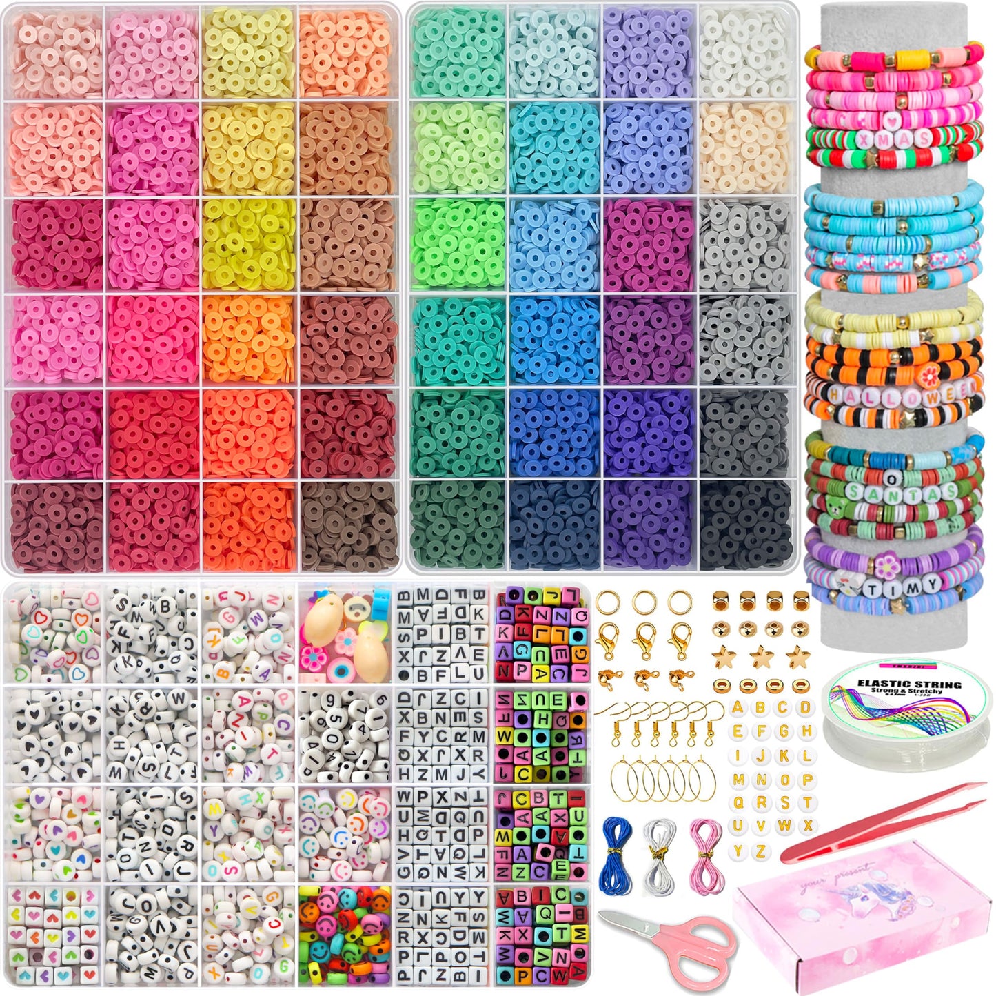 YMSDZHL 6000+PCS Clay Beads Bracelet Making Kit,24 Color DIY Flat Preppy Beads for Friendship Jewelry Making,Polymer Heishi Beads with Charms Gifts for Teen Girls Crafts for Ages 4-12