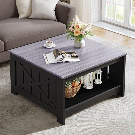 YITAHOME Farmhouse Coffee Table with Storage Rustic Wood Cocktail Table, Square Coffee Tables for Living Meeting Room with Half Open Storage Compartment, Grey and Black
