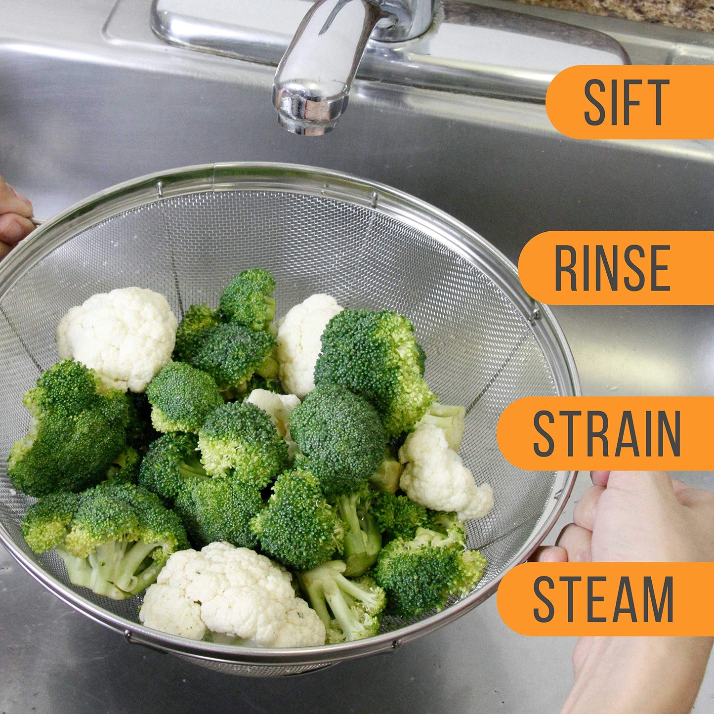 U.S. Kitchen Supply Set of 3 Stainless Steel Colander Strainers Net Baskets - 11", 9.5" & 8.5" Sizes - Colander with Handles & Resting Base - Stainless Steel Sieve, Strainers and Colanders for Kitchen