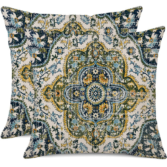 Gujiahone Outdoor Waterproof Pillow Covers - 18 x 18 Inch Set of 2 Bohemian Vintage Carpet Pattern Pillow Covers in Green and Blue Ethnic Design for Decorative Farmhouse, Couch, Garden, Balcony
