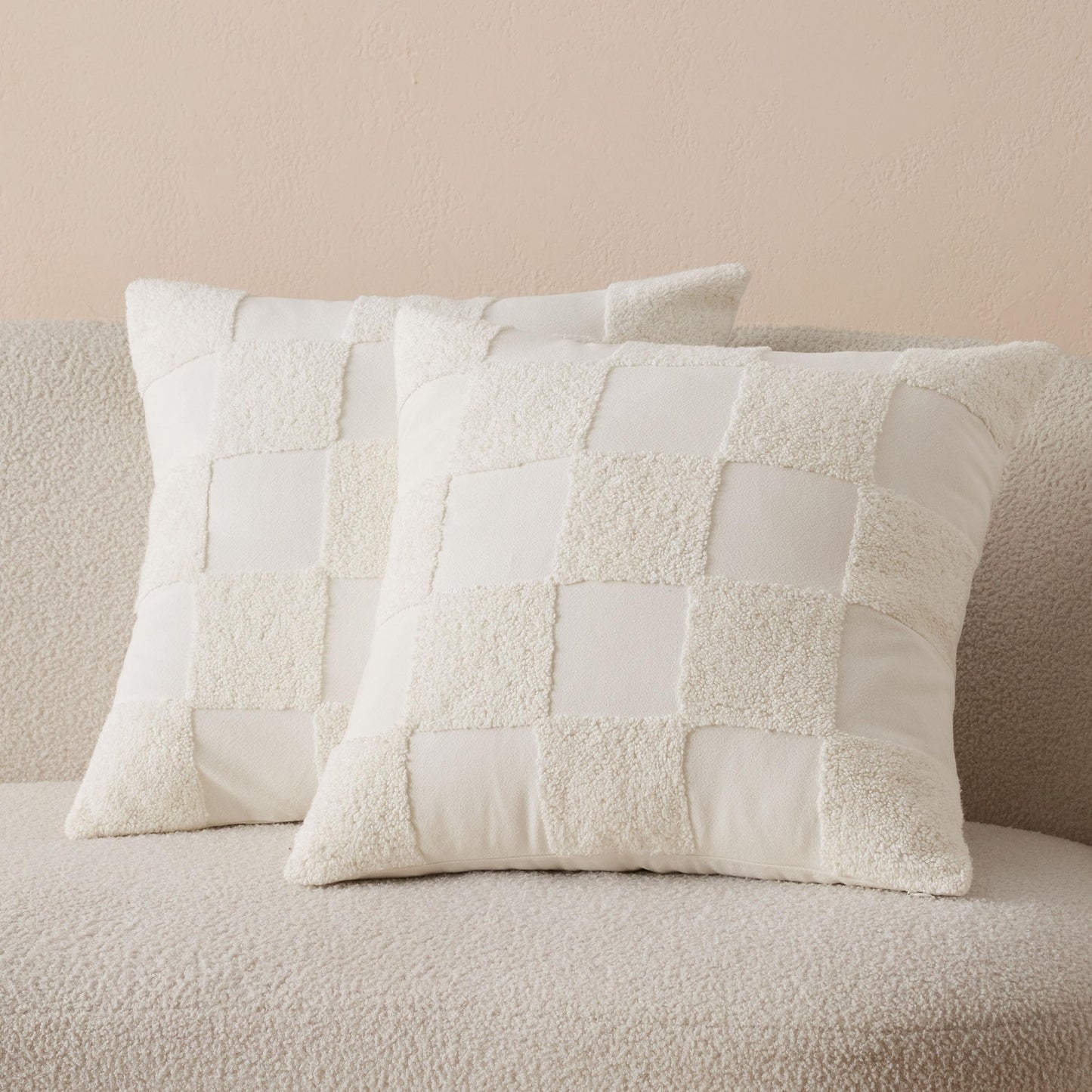 Double Stitch Checkered Throw Pillow Covers - 100% Cotton Tufted Boho Decorative Pillow Covers 18x18, Made in India, Square Cushion Case, Modern Home Decor for Couch, Sofa, Living Room, Oat