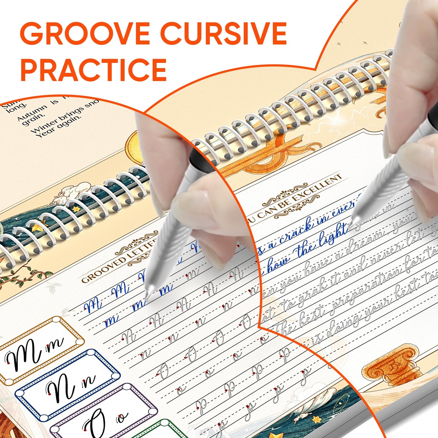 TIME X Grooved Cursive Handwriting Workbook Kit - Cursive Handwriting Workbook for Kids 8-12 and Adults - 3Pcs Magic Reusable Handwriting Workbook with Detachable Quote Postcards - 12.6"x10.6"