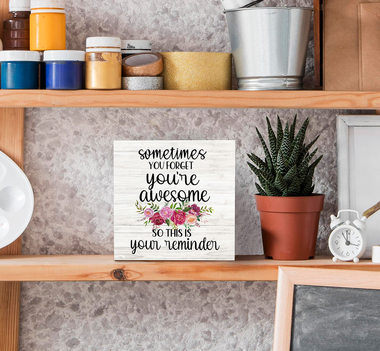 SRADMO Sometimes You Forget You're Awesome So This is Your Reminder Floral Wood Box Sign Desk Decor, Inspirational Wooden Block Box Sign Decoration For Home Office Shelf Table Decor