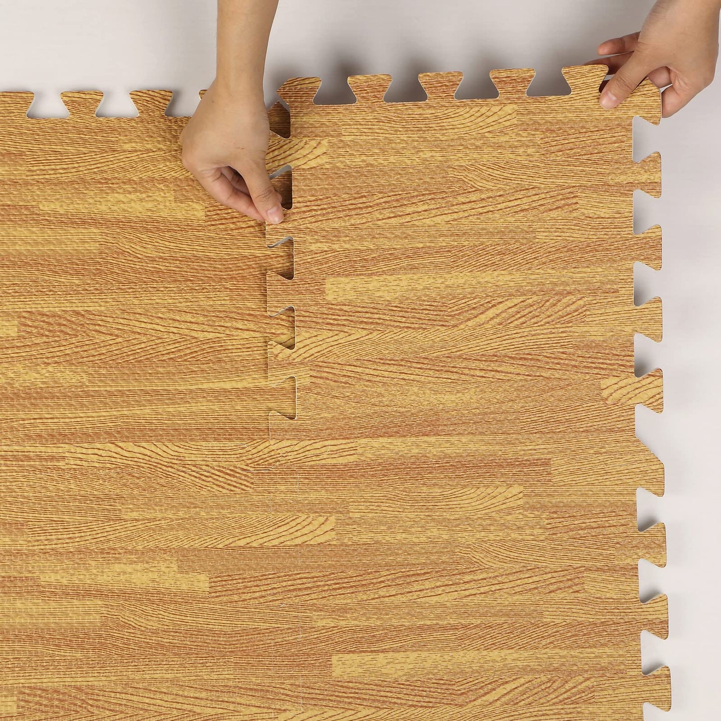 Wood Grain Floor Foam Mats with Border, Wood Printed Interlocking Foam Tiles Anti Fatigue Flooring Mat (Light Brown,12 x 12 Inch)