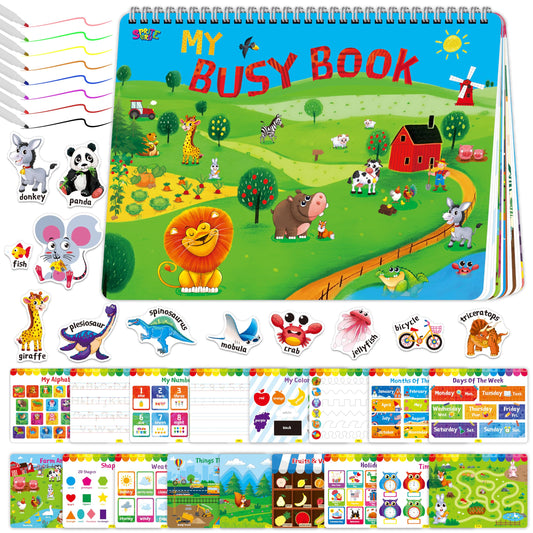 Preschool Busy Book, 30 Different Themes Activities Book, Montessori Learning Toy Educational Tool for Alphabet/Numbers/Color/Shapes/Animals/Weather/Holidays -Autism Sensory Toys for Boys & Girls