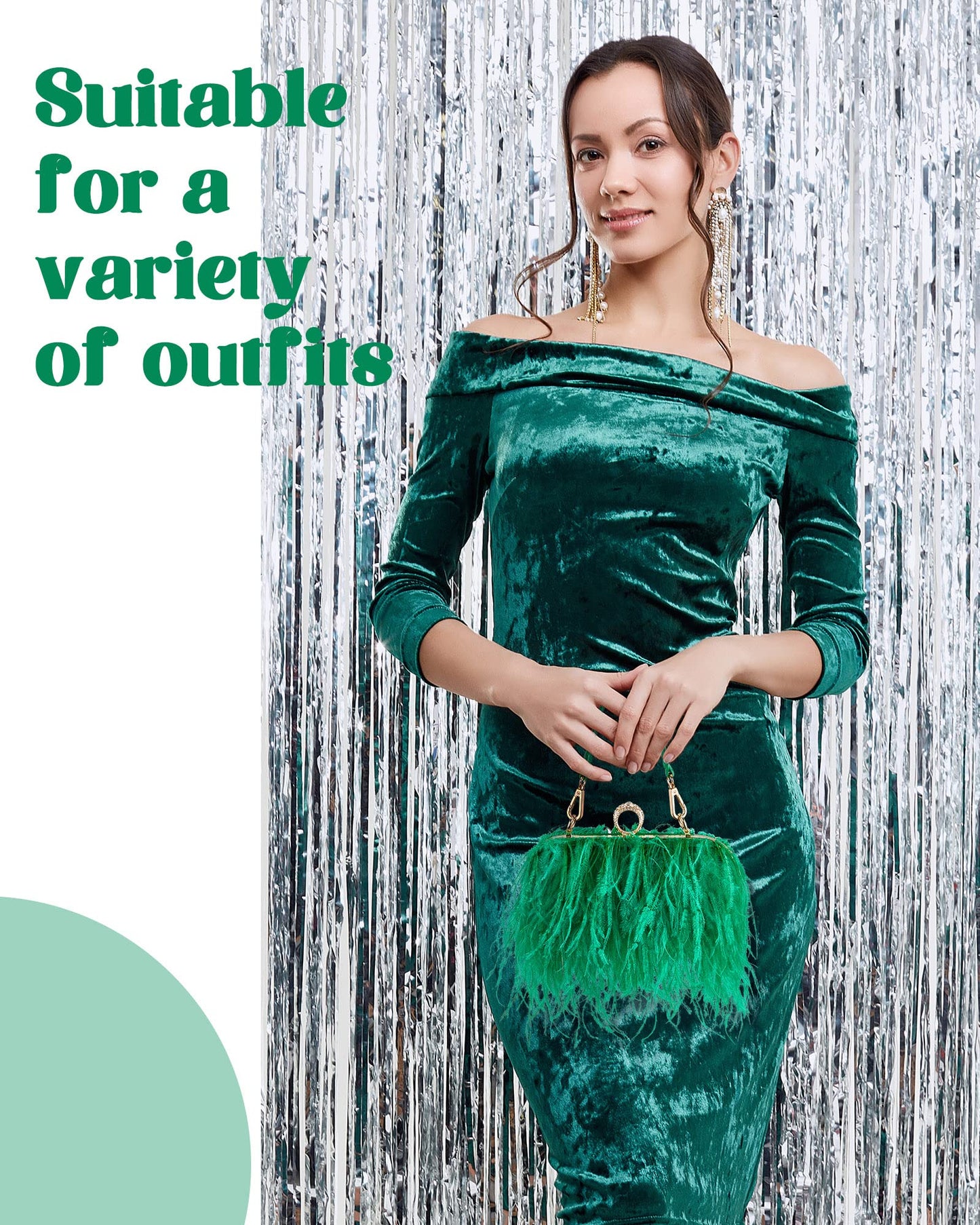 Tessco Women Ostrich Feather Tote Bag Fluffy Purse Clutch Feather Evening Handbag for Wedding(Green)