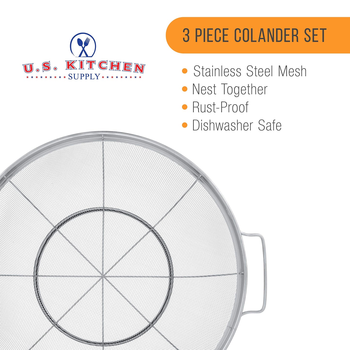 U.S. Kitchen Supply Set of 3 Stainless Steel Colander Strainers Net Baskets - 11", 9.5" & 8.5" Sizes - Colander with Handles & Resting Base - Stainless Steel Sieve, Strainers and Colanders for Kitchen