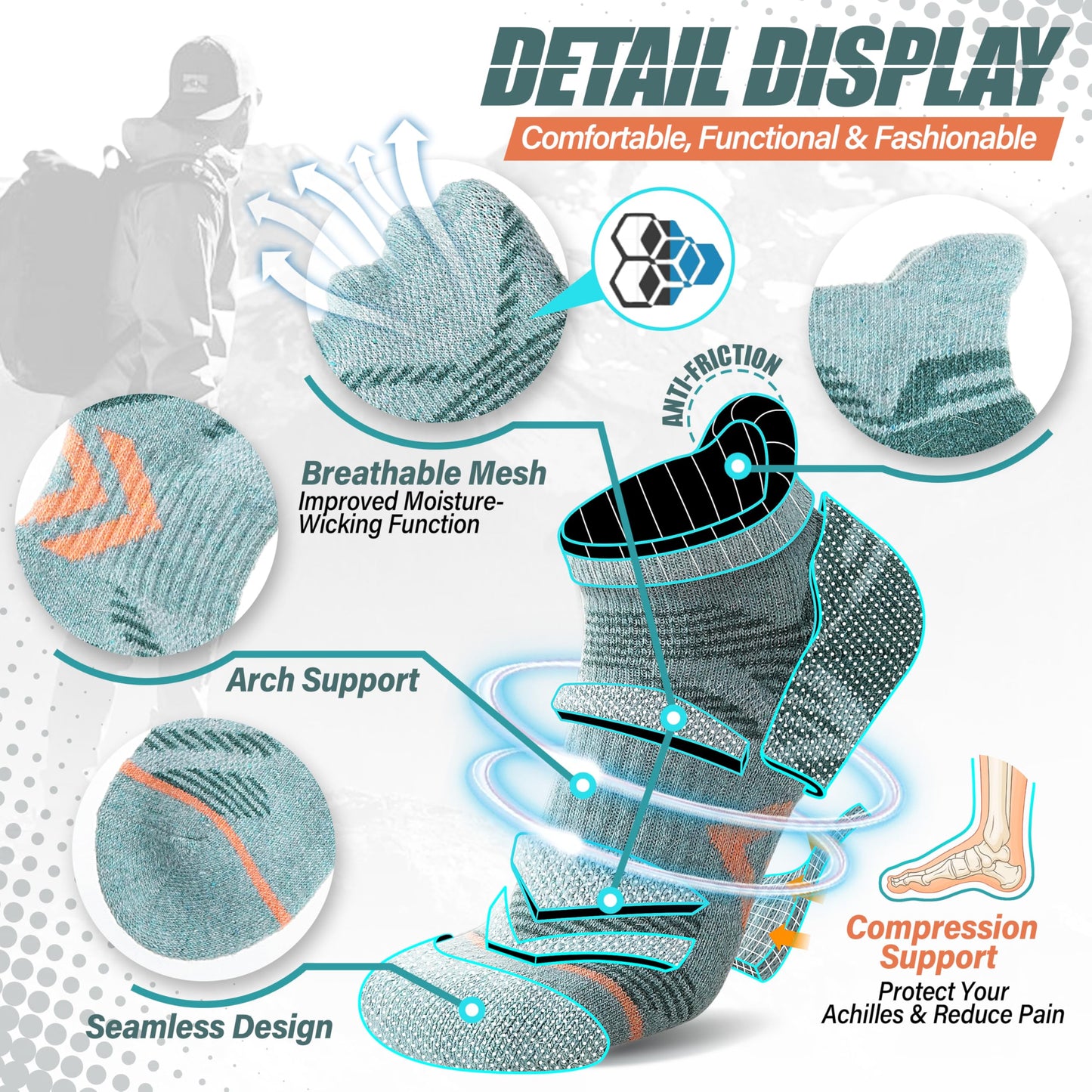 ANTSANG Merino Wool Ankle Hiking Socks Compression Warm Thermal Thick Cushion Winter Running No Show Moisture Wicking Socks Gifts Stocking Stuffers for Women Men 6 Pairs(Light Mixed,M)