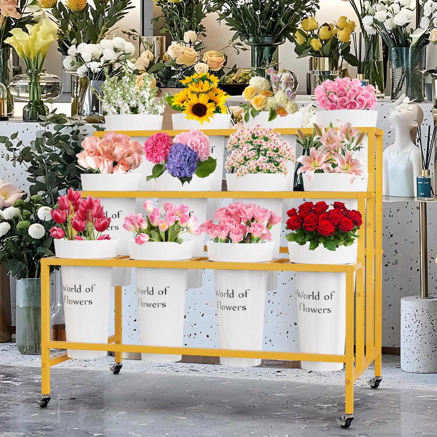 VGMiu Flower Display Stand with 12 Buckets, 3 Layers Flower Cart Gold Metal Flower Bar Stand with Wheels, Moving Florist Bouquet Shelf for Weddings Florist Indoor Outdoor Patio Garden Living Room