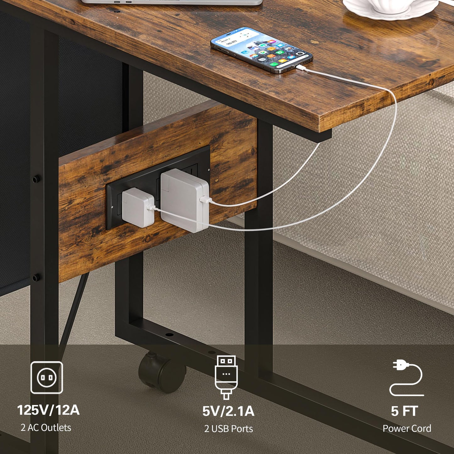 VECELO Coffee Table, Adjustable Coffee Table Set of 2 with End Table for Living Room, Nesting Table with USB Ports and Wheels, Modern & Industrial for Bedroom，Apartment, 31.5" and 20"，Rustic Brown