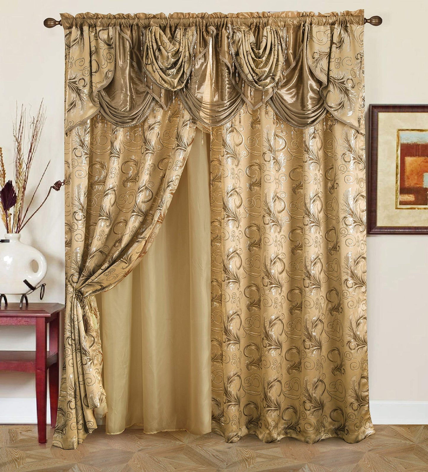 GLORY RUGS Jacquard Luxury Window 2 Panel Set Taupe Curtain with Attached Valance and Backing Bedroom Living Room Dining 2 Curtains 55x84 inches Each Jana