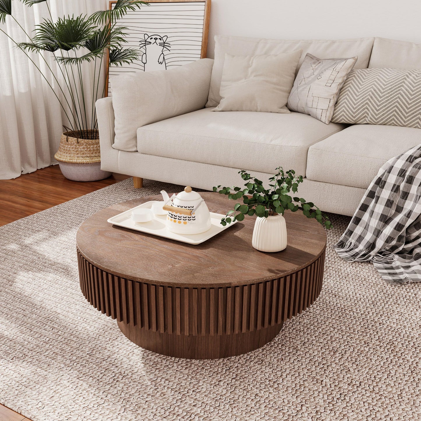 KIGFTSOD 31.5" Round Coffee Table with Hidden Storage, Solid Wood Drum Coffee Table Tea Table for Living Room, Bedroom, Apartment or Office, Walnut