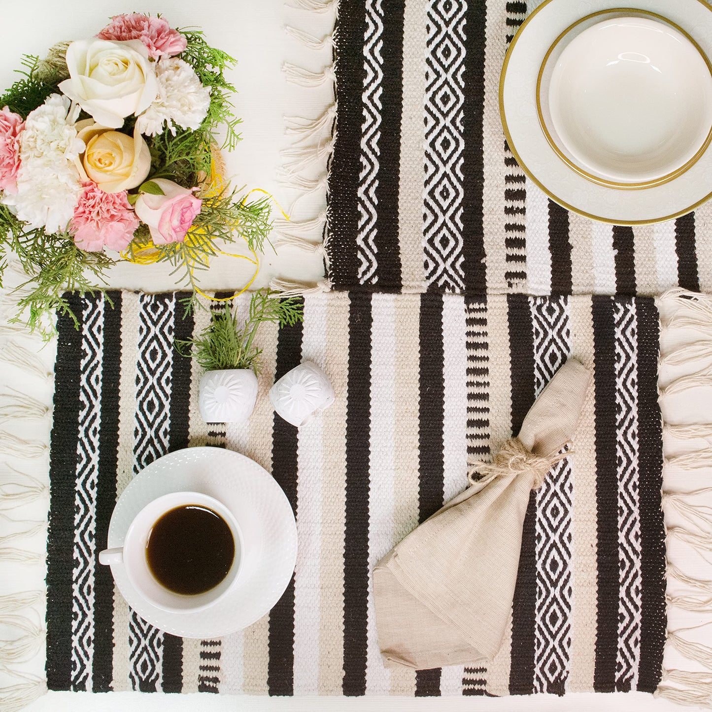 CHARDIN HOME Black, Cream, White Boho Placemats (Set of 4) | Cotton Farmhouse Placemats 13x19 Inches| Machine Washable, Durable and Easy to Combine