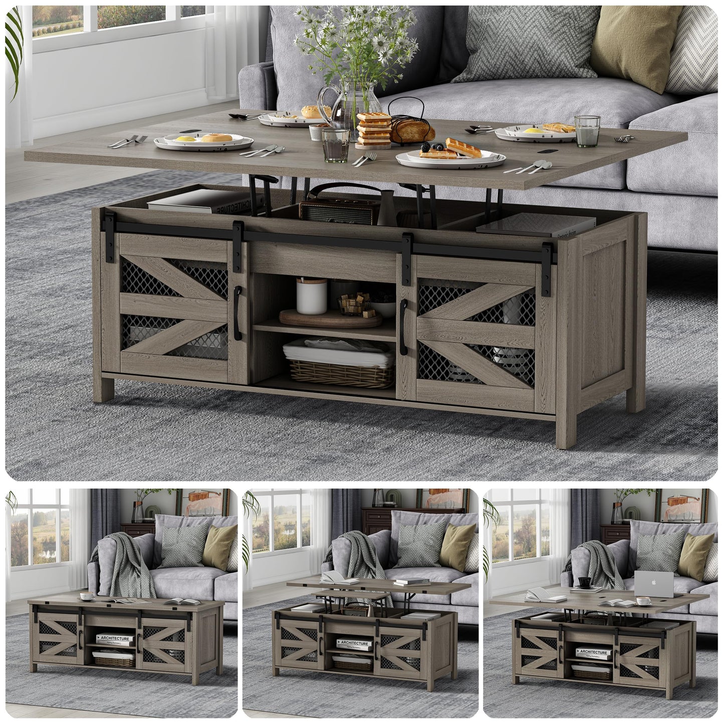 47.2" Lift Top Coffee Table, 4 in 1 Farmhouse Coffee Table with Storage and Sliding Barn Doors, Coffee Tables for Living Room, Dining Room (Grey)