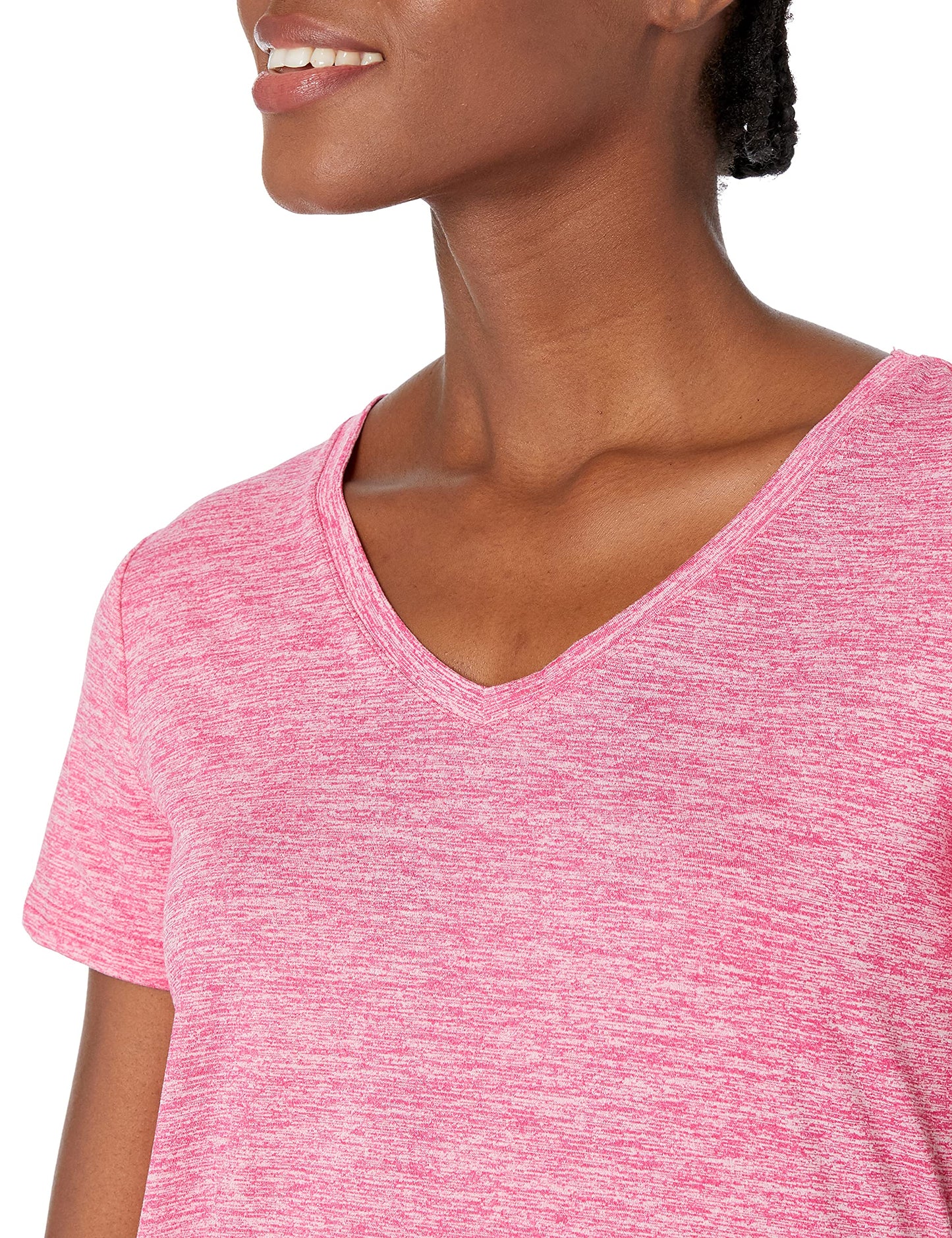Amazon Essentials Women's Active Quick Dry Tech Stretch Short-Sleeve V-Neck T-Shirt (Available in Plus Size), Pack of 2, Charcoal Heather Space Dye/Raspberry Red Space Dye, Small