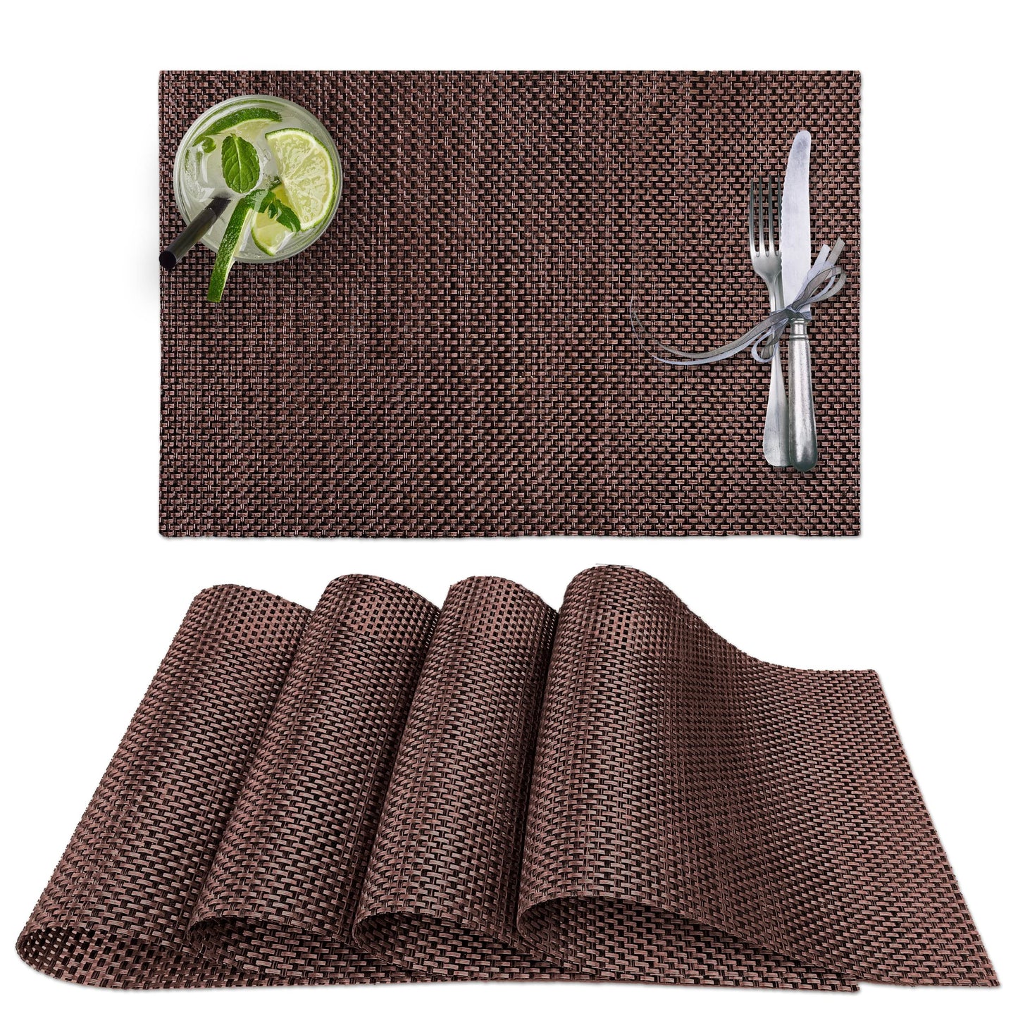 CK Home Vinyl Placemats (18" x 12") Set of 4, Brown Basketweave Table Mats for Indoor or Outdoor, Washable.
