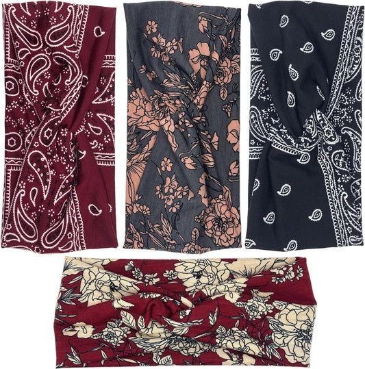 4PCS Boho Knotted Fashion Sports Headbands, Non-Slip Stylish Sports Hair Bands for Women, Soft Cotton Cloth Stretchy Headbands for Yoga, Outdoor Exercise Running