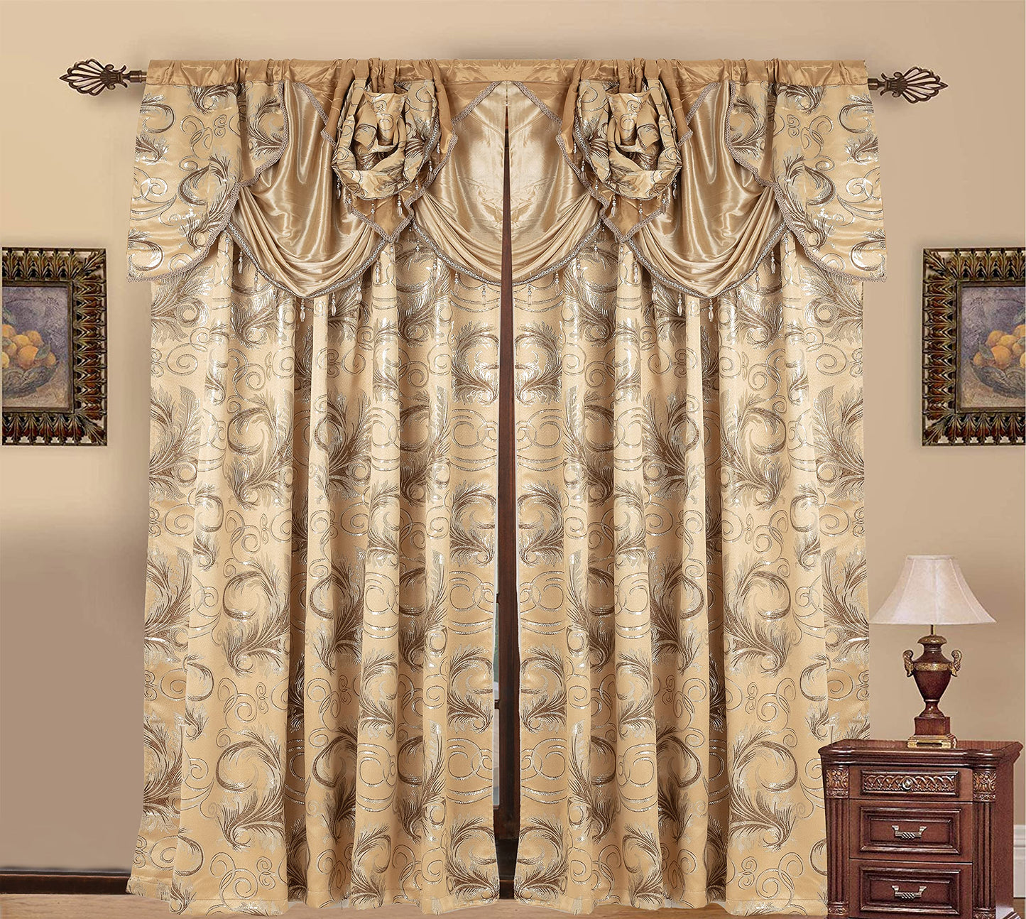 GLORY RUGS Jacquard Luxury Window 2 Panel Set Taupe Curtain with Attached Valance and Backing Bedroom Living Room Dining 2 Curtains 55x84 inches Each Jana