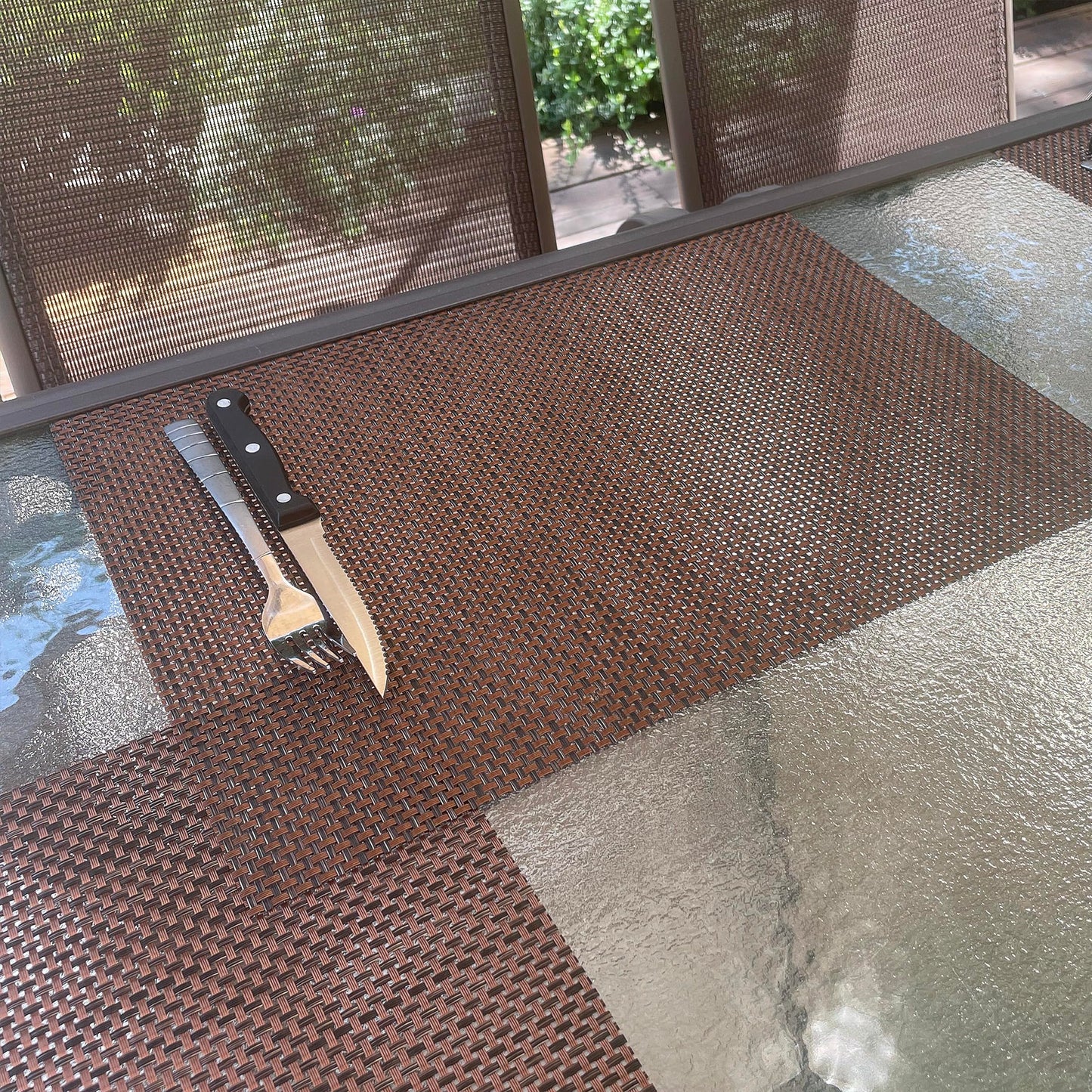 CK Home Vinyl Placemats (18" x 12") Set of 4, Brown Basketweave Table Mats for Indoor or Outdoor, Washable.