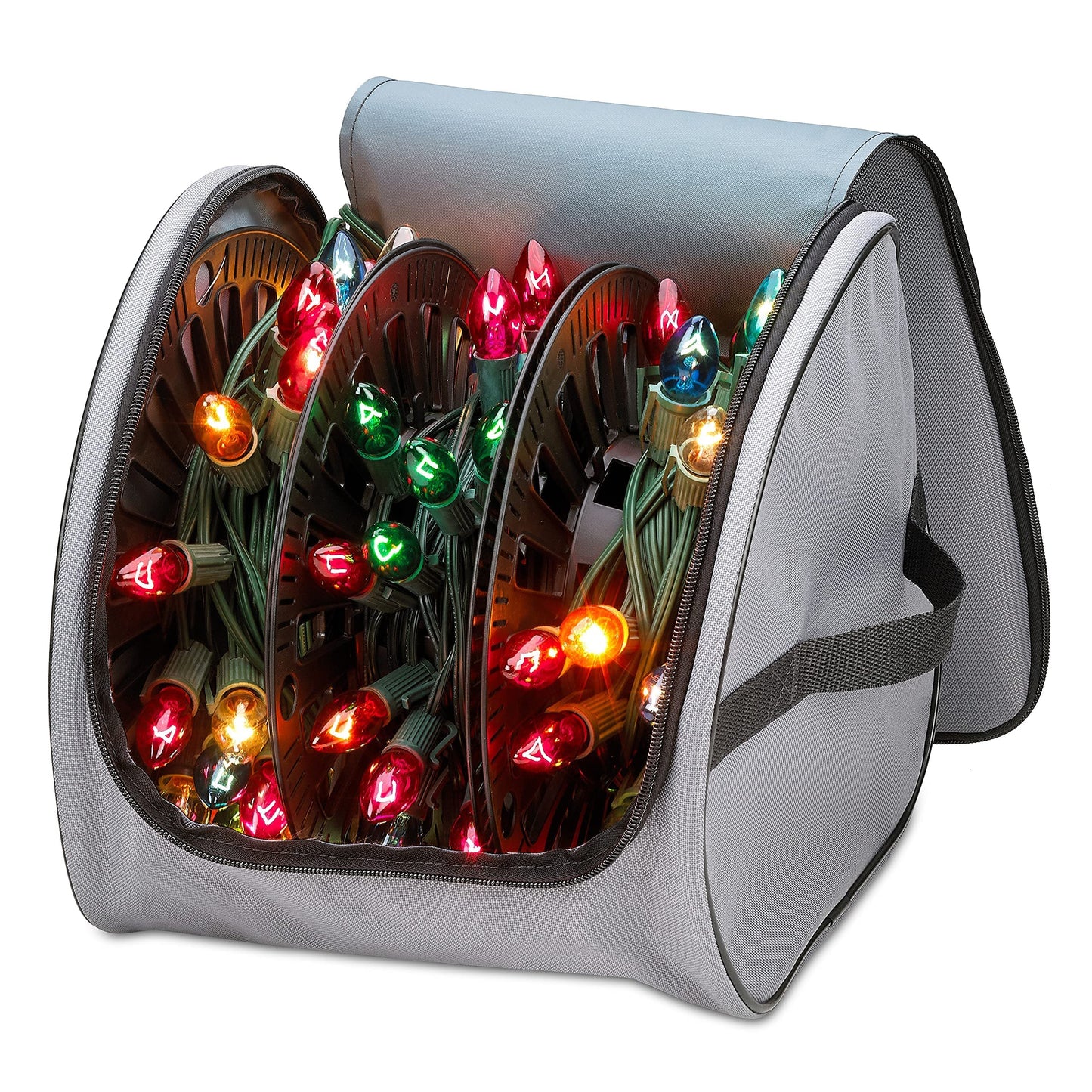 Premium Christmas Light Storage Bag – Heavy-Duty 600D Tear-Proof Material with Reinforced Handles – Includes 3 Reels, Stores up to 375 Ft of Mini Lights & Extension Cords – Grey with PVC Lining