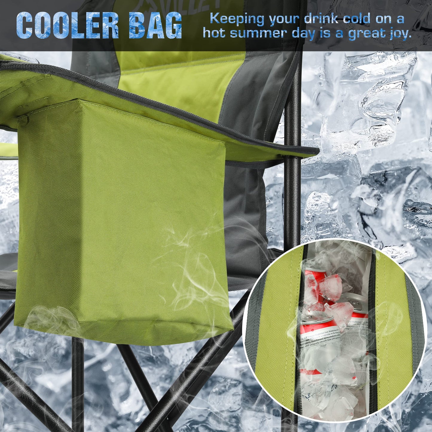 VILLEY Camping Chair, Oversized Folding Camp Chair, Portable Outdoor Chairs Support 400 LBS with Padded Seats, Cooler Bag, Cup Holder, Carry Bag, Green