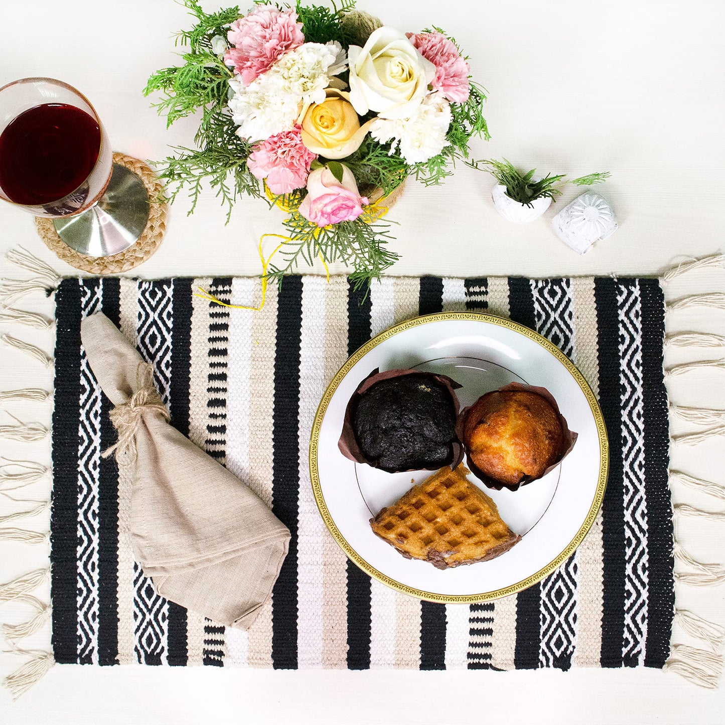 CHARDIN HOME Black, Cream, White Boho Placemats (Set of 4) | Cotton Farmhouse Placemats 13x19 Inches| Machine Washable, Durable and Easy to Combine