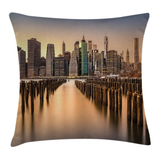 Ambesonne New York Throw Pillow Cushion Cover, Long Exposure of The Manhattan Skyline and Brooklyn Pier Urban Modern Life in NYC, Decorative Square Accent Pillow Case, 18" X 18", Pastel Yellow