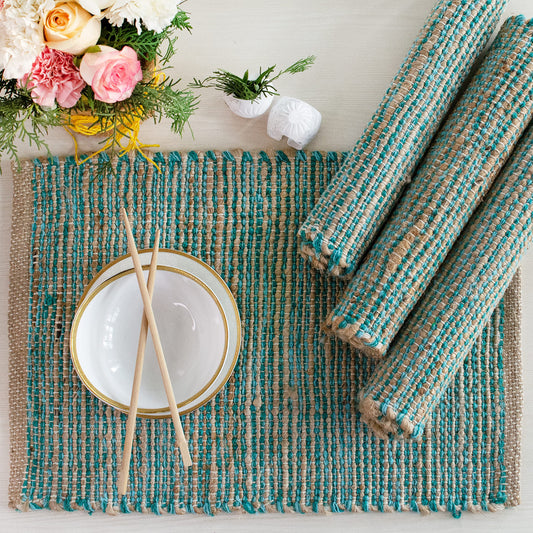 Chardin home | Natural Jute Placemats Set of 4 | 13x19 Inch. Rustic Farmhouse Place mats | Table mats Colors - Natural Jute and Aqua Turquoise