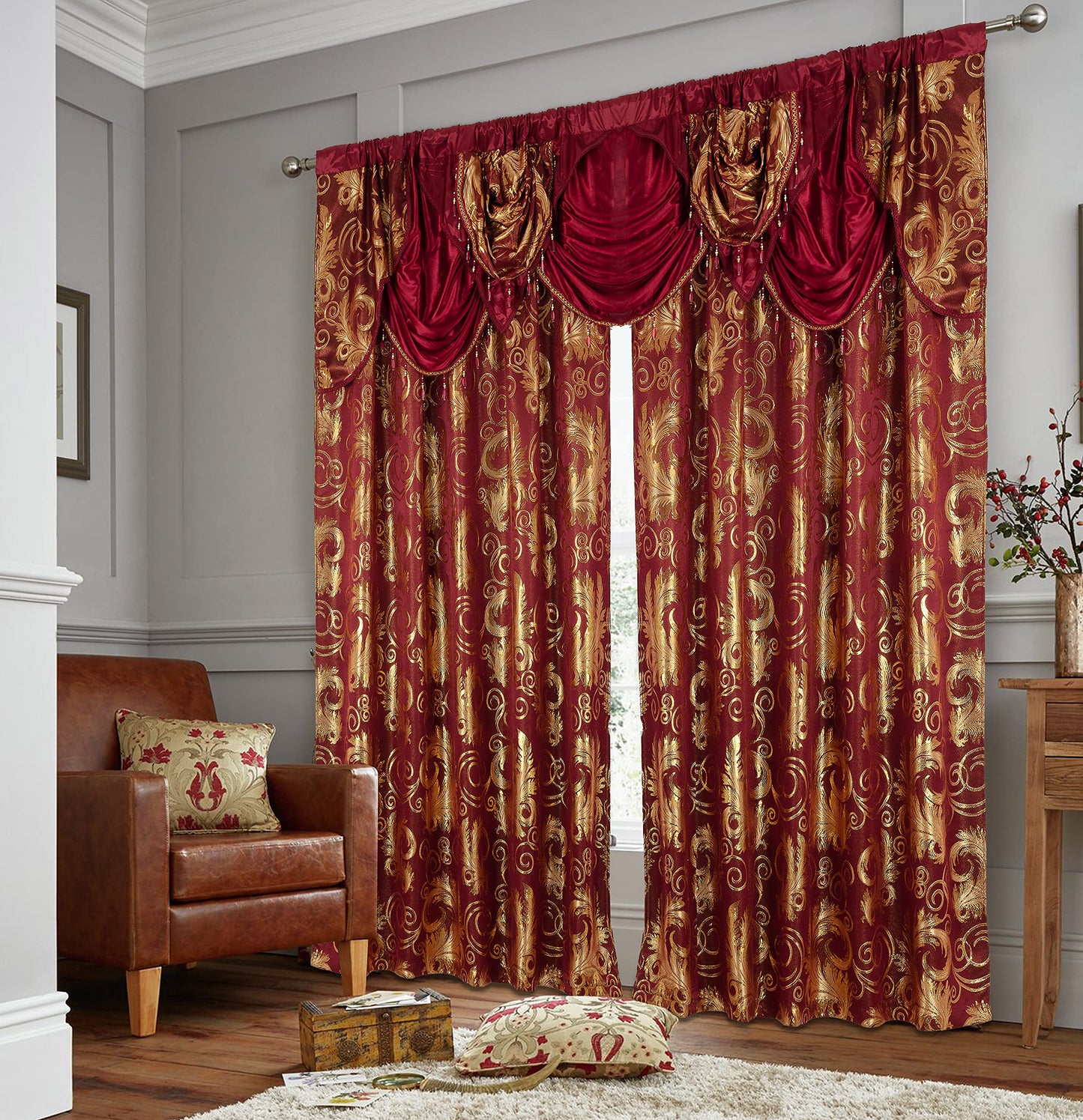 GLORY RUGS Jacquard Luxury Window 2 Panel Set Burgundy Gold Curtain with Attached Valance and Backing Bedroom Living Room Dining 2 Curtains 55x84 inches Each Jana