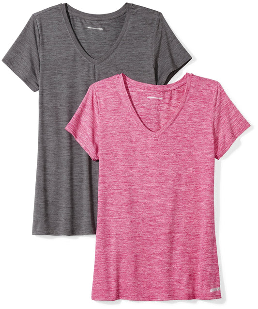 Amazon Essentials Women's Active Quick Dry Tech Stretch Short-Sleeve V-Neck T-Shirt (Available in Plus Size), Pack of 2, Charcoal Heather Space Dye/Raspberry Red Space Dye, Small