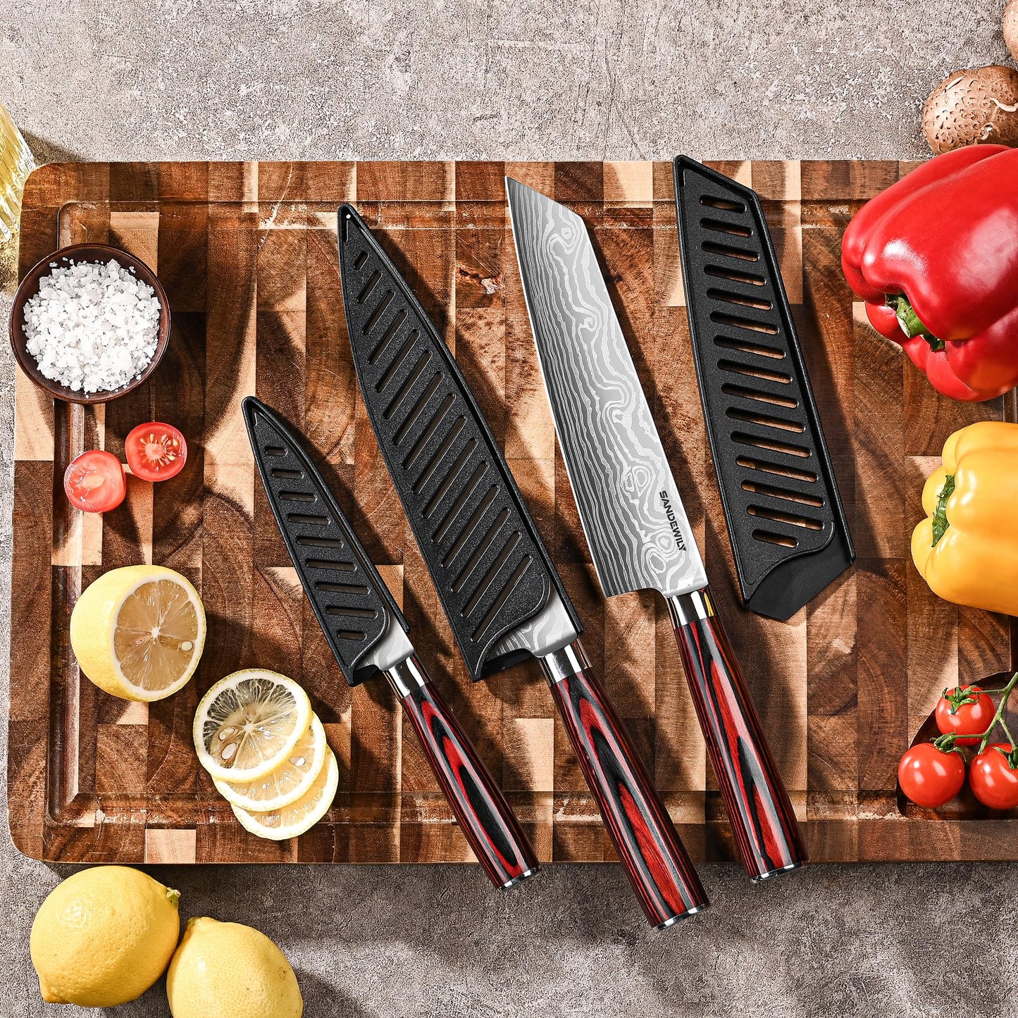 SANDEWILY Japanese Kitchen Chef Knife Set & Sheaths 3PCS High Carbon Stainless Steel Ultra Sharp Knives 8" Chefs Knife 7" Cutting Knife 5" Utility Knife with Gift Box for Home Restaurant