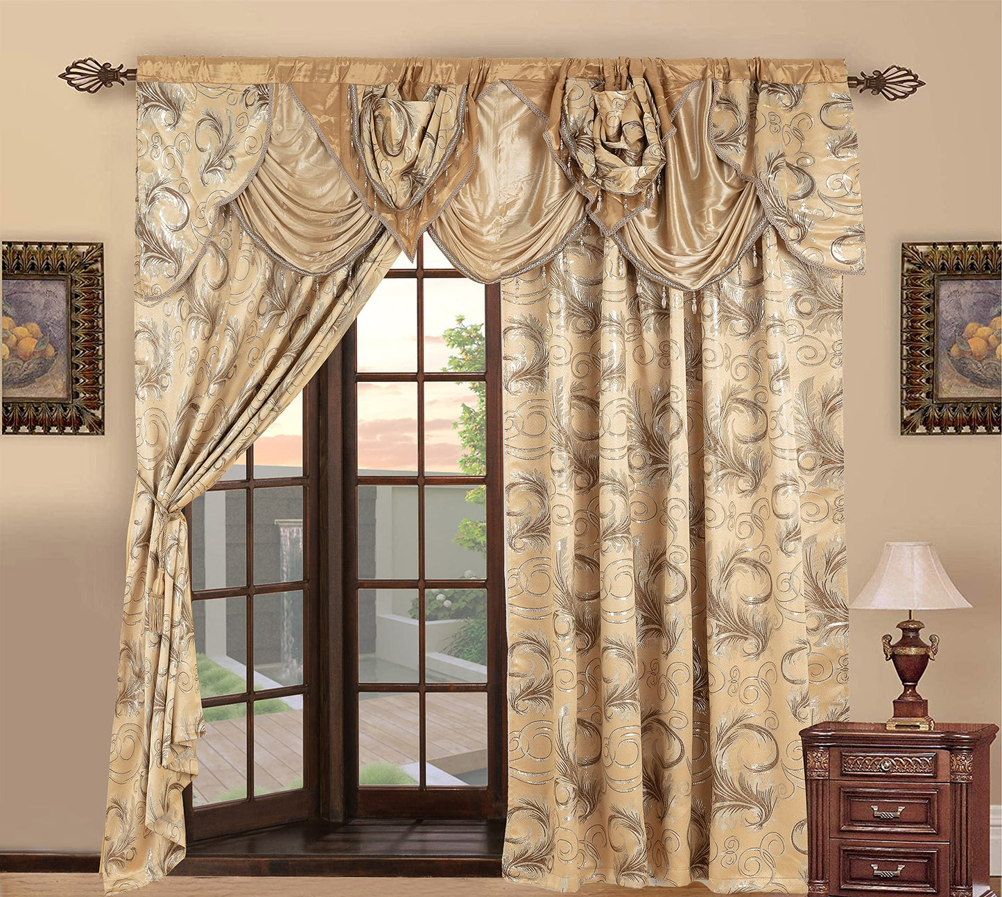GLORY RUGS Jacquard Luxury Window 2 Panel Set Taupe Curtain with Attached Valance and Backing Bedroom Living Room Dining 2 Curtains 55x84 inches Each Jana