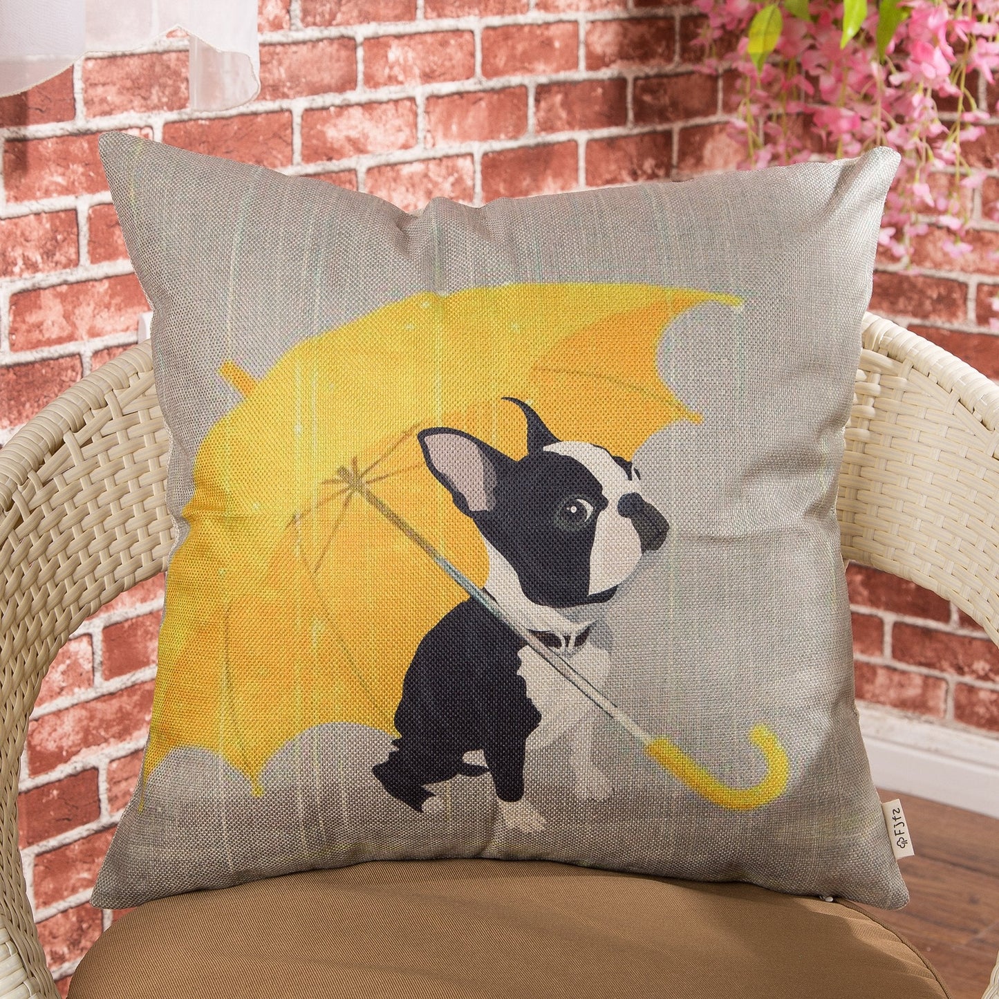 Fjfz Boston Terrier with Yellow Umbrella Dog Lover Decor Gift Cute Funny Decoration Cotton Linen Home Decorative Throw Pillow Case Cushion Cover for Sofa Couch, 18" x 18"