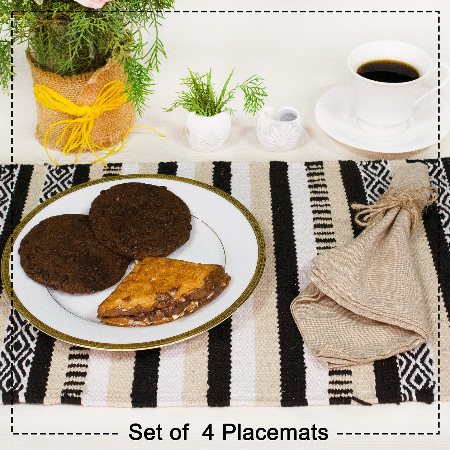 CHARDIN HOME Black, Cream, White Boho Placemats (Set of 4) | Cotton Farmhouse Placemats 13x19 Inches| Machine Washable, Durable and Easy to Combine