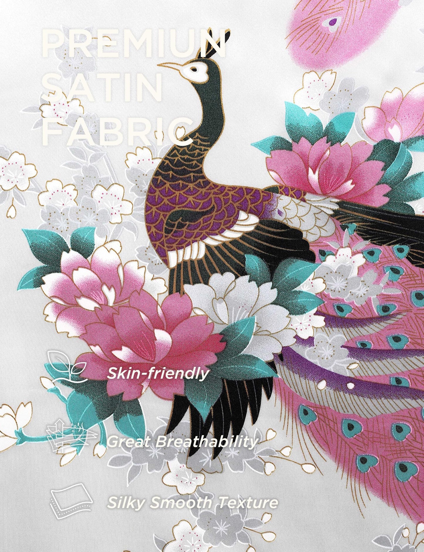 BABEYOND Women's Kimono Robe Long Satin Silky Robes with Peacock and Blossoms Printed Kimono Nightgown