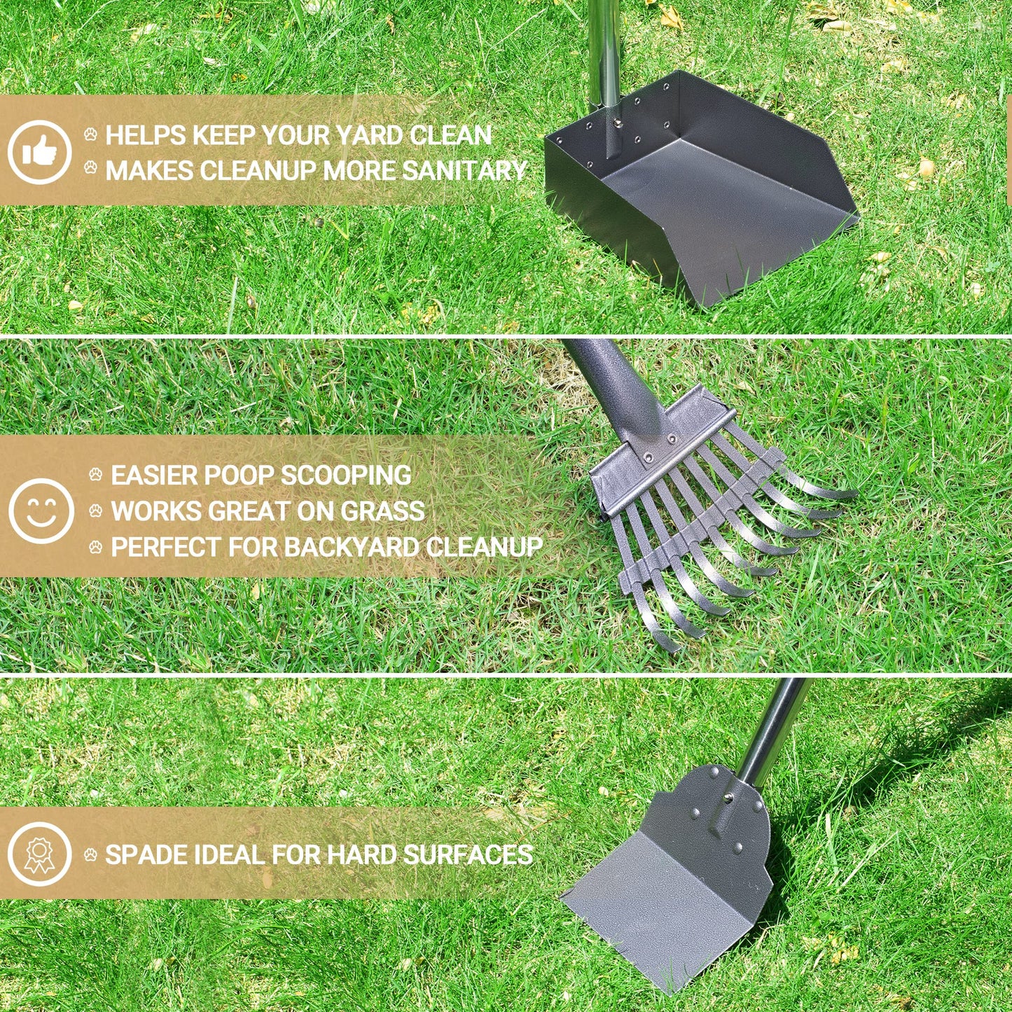 Heeyoo Dog Pooper Scooper, Dog Poop Tray and Rake Set, Pet Waste Removal Scoop with Long Adjustable Sectional Stainless Handles