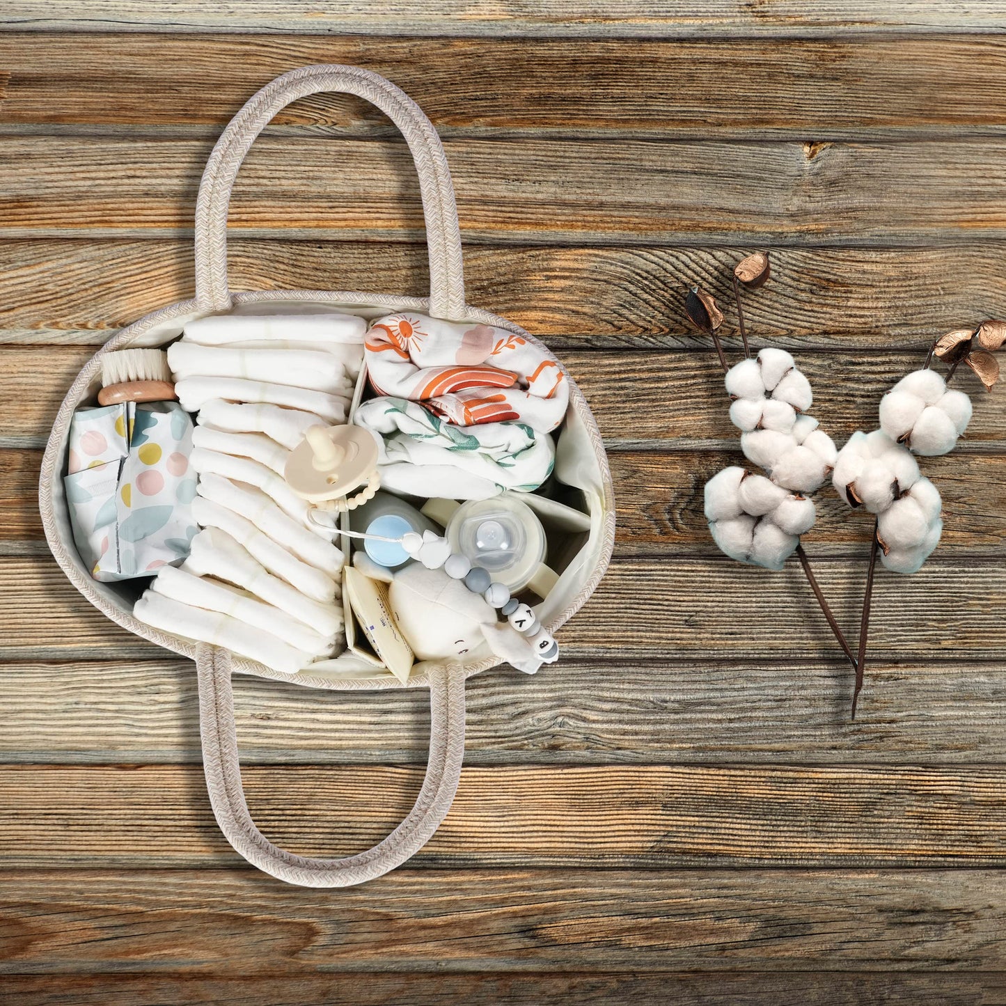 Baby Diaper Caddy Organizer for Girl Boy Cotton Rope Nursery Storage Bin Basket Portable Holder Tote Bag for Changing Table Car Travel Baby Shower Gifts Newborn Registry Must Have Items oatmeal