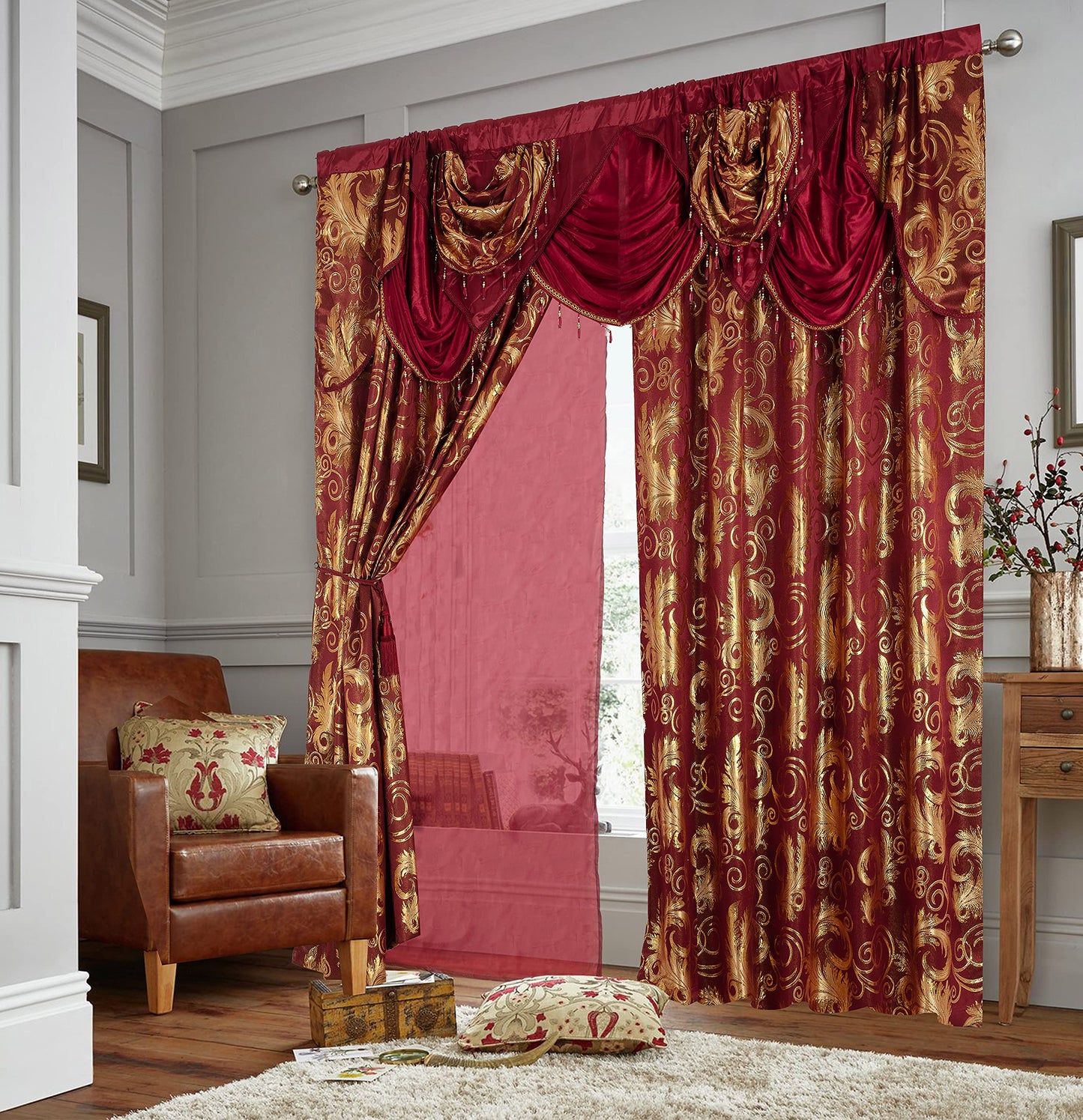 GLORY RUGS Jacquard Luxury Window 2 Panel Set Burgundy Gold Curtain with Attached Valance and Backing Bedroom Living Room Dining 2 Curtains 55x84 inches Each Jana