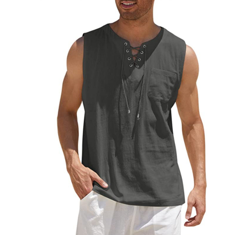 Tank Vest Men Shirt Collar Tie Short Sleeve T-Shirt