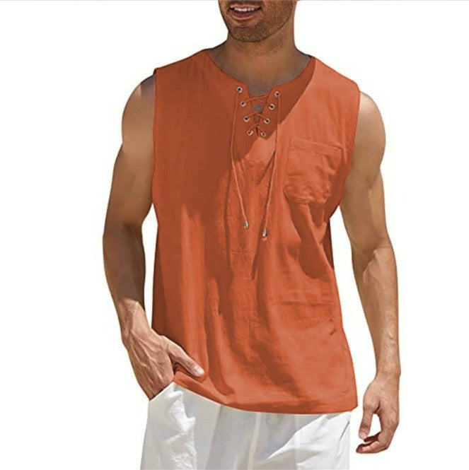 Tank Vest Men Shirt Collar Tie Short Sleeve T-Shirt